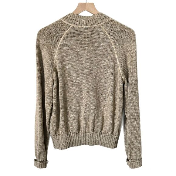 St. John Knit Zip Up Cardigan Tan Linen Silk Wool Blend Leather Pockets Size Med - Picture 4 of 7